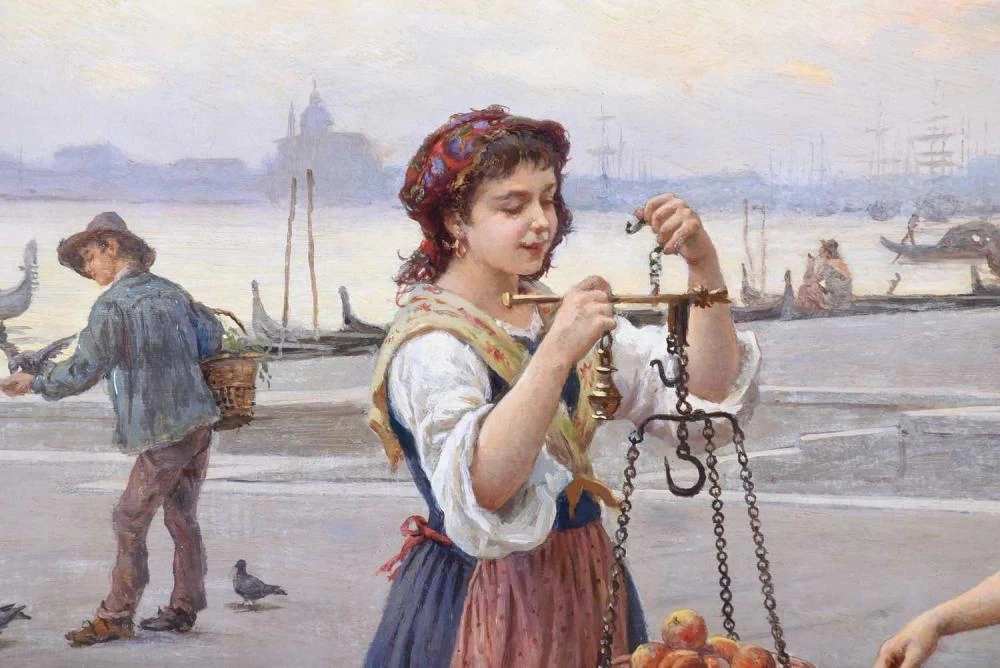 Una scena veneziana di bambini con ceste di frutta, sulla Riva degli Schiavoni a Venezia - dettaglio
